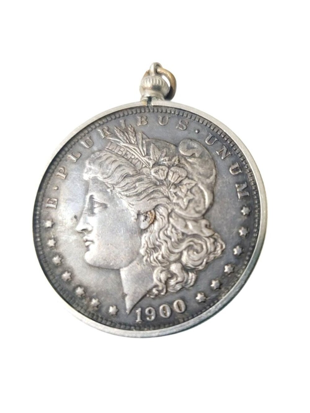 Silver Morgan Dollar Pendant 1900 Coin in Bezel Frame Antique Lady Liberty